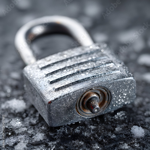 Frozen Padlock in Winter Frost - Security and Cold Weather Concept for Stock Photography