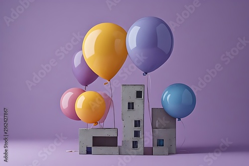 IA generated glossy ceramic balloons tied to miniature brutalist building. Surreal pastel architecture background with soft shadows.
