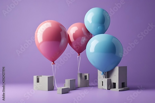 IA generated glossy ceramic balloons tied to miniature brutalist building. Surreal pastel architecture background with soft shadows.
