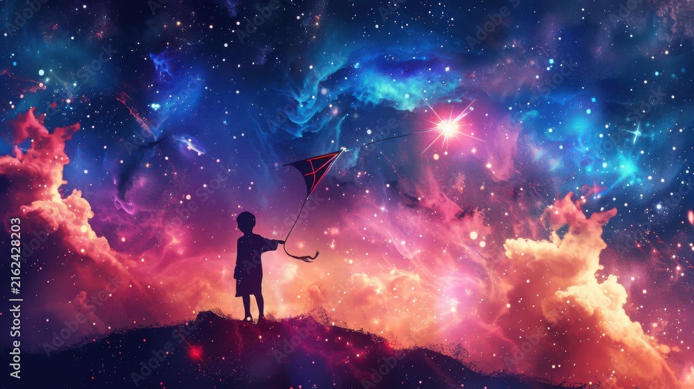 Fototapeta premium Little kid silhouette holding a kite line atop a hill amidst a vast colorful space nebula filled with brilliant glowing cosmic stars.