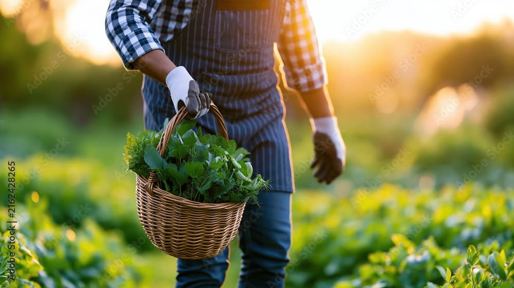 Fototapeta premium Farmer carrying basket of fresh organic vegetables at sunrise in a lush green field