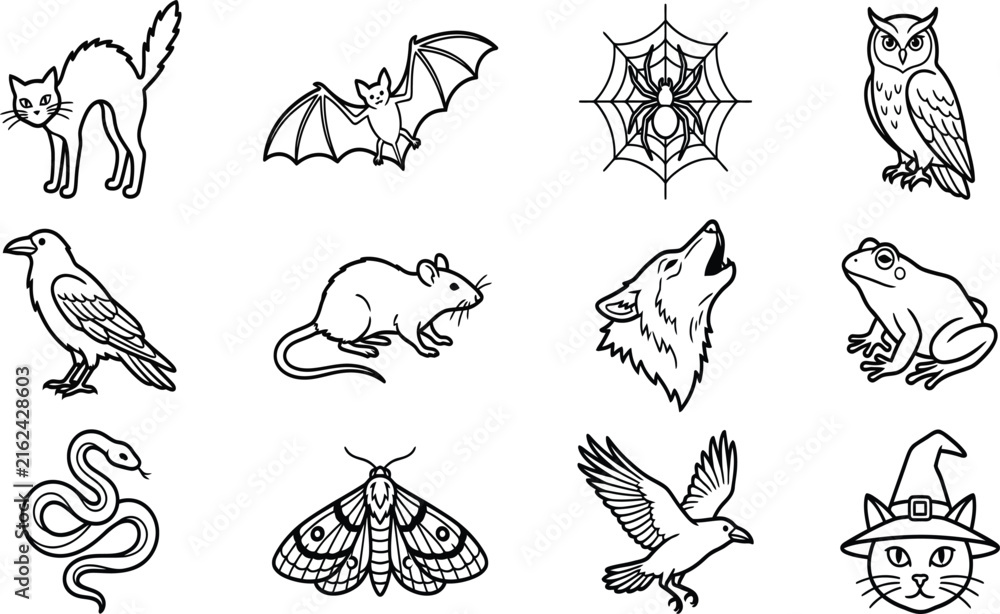 Obraz premium Halloween creepy animals and wildlife outline vector illustrations set