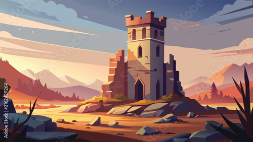 Editorial ancient castle ruins at sunset vector illustration with medieval fortress landscape heritage architecture landmark building structure deserted abandoned mountain dramatic