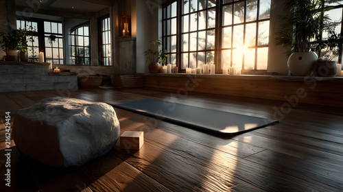 Tranquil Yoga Studio at Sunrise with Candles and Natural Ambiance