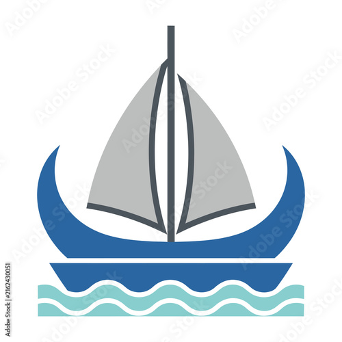 Minimalist Blue Sailboat Icon Sailing on Stylized Waves for Nautical Brand Logo