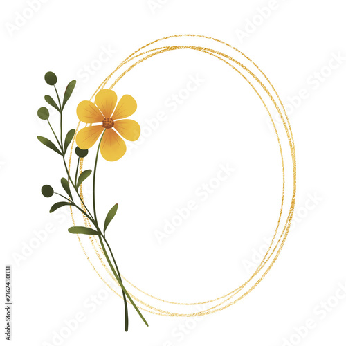 Golden wreath border with flowers. Frame hand painting digital background, floral illustration with place for text, isolated on white background.