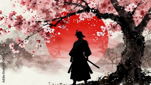 Samurai warrior silhouette with katana standing under cherry blossoms against red sun in traditional Japanese art style
