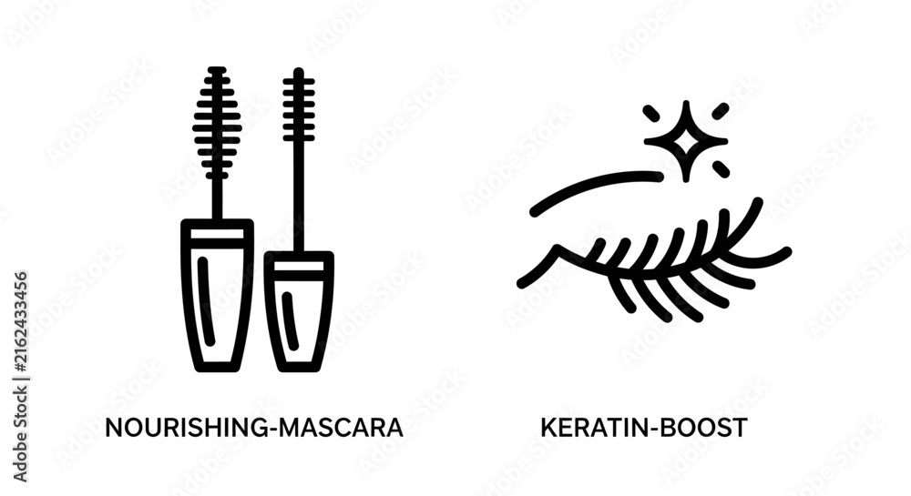 Fototapeta premium Nourishing mascara and keratin boost beauty treatment line icons with cosmetic