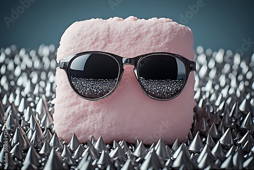 IA generated fluffy marshmallow with sunglasses on metallic spikes. Pop art surreal contrast texture background with bright studio light.
