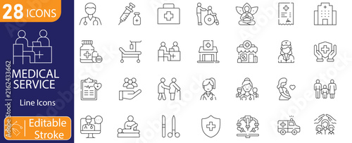 Medical Services icons set. Includes healthcare, doctors, hospitals, medical treatment, patient care, emergency services, pharmacy, and health support symbols. Editable stroke. Line icons.