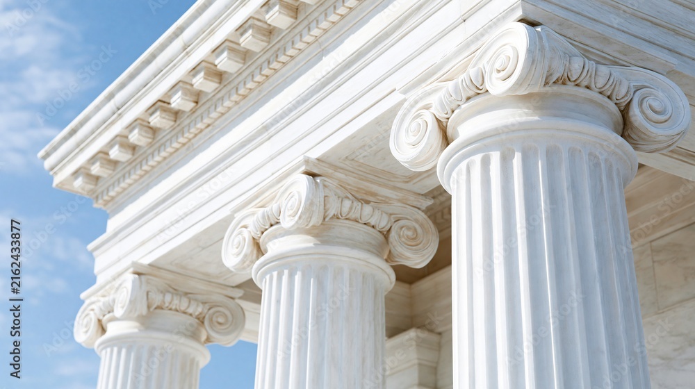 Naklejka premium Majestic white marble Ionic columns against a bright blue sky, symbolizing law and order