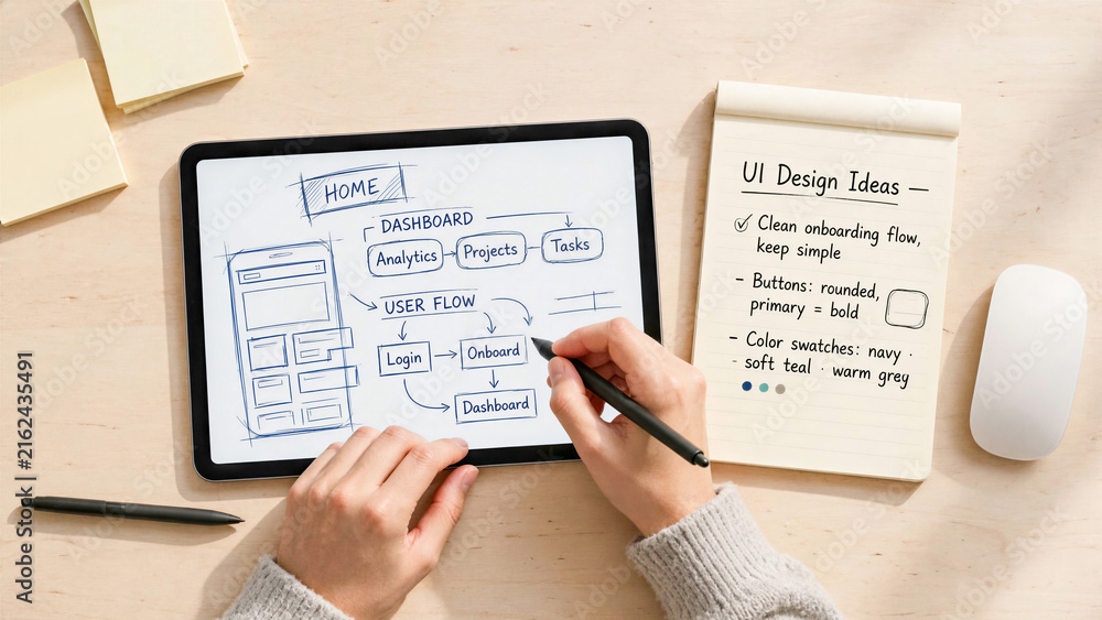 Obraz premium Top View Overhead Shot of Freelancer Hands Sketching UI Design on Tablet Screen beside Notepad and Mouse