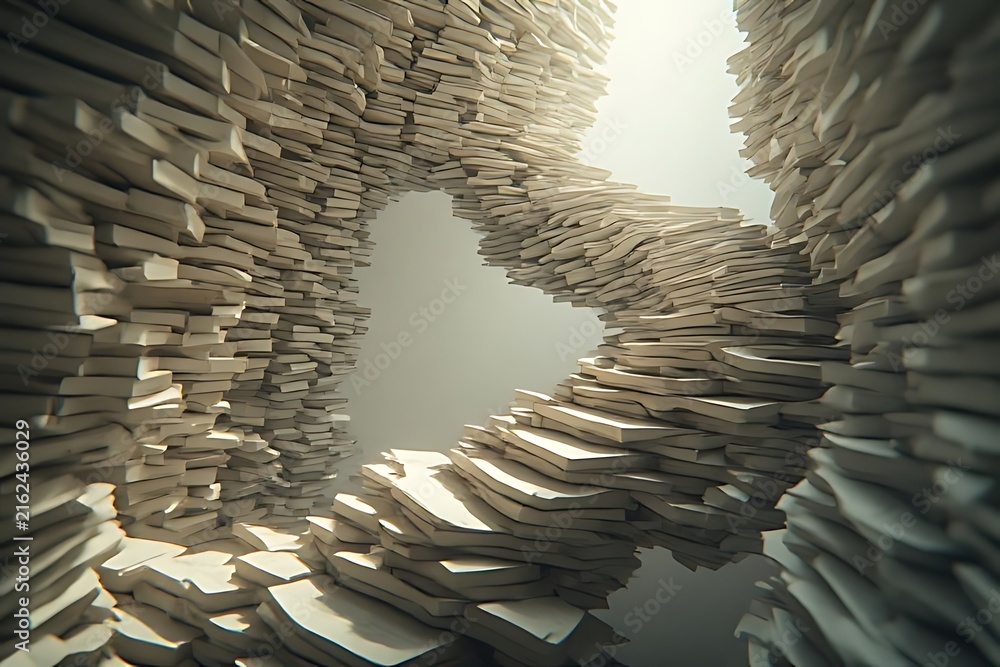 Obraz premium IA generated floating book staircase spiraling into white void. Magical realism surreal library background with soft directional light. 