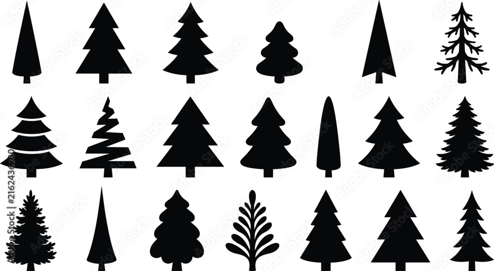 Fototapeta premium Black vector silhouette collection of pine and fir trees for winter forest landscape design