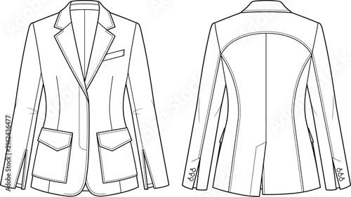 Quadro su tela Fashion flat sketch technical drawing of a women tailored blazer jacket with lap