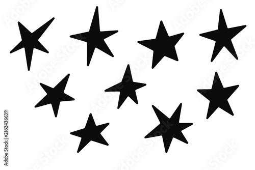 Eight black star silhouettes in an irregular abstract shapes collection isolated on white