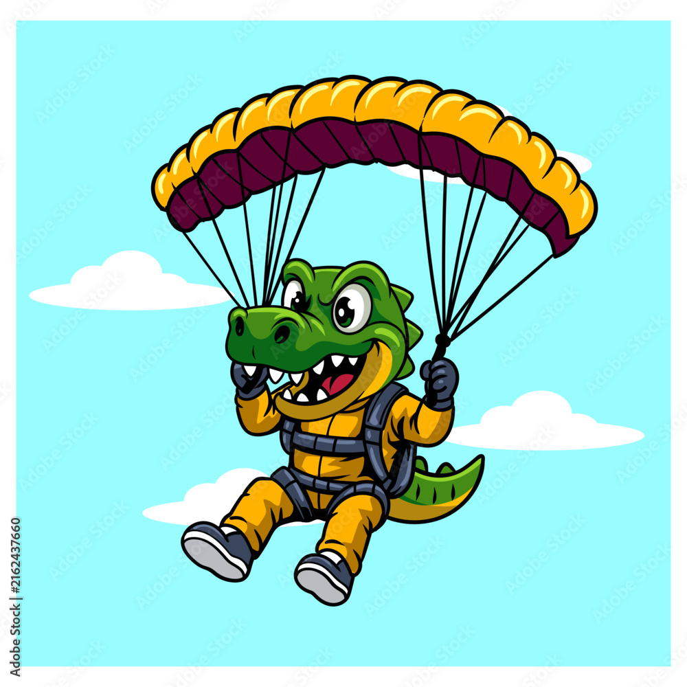 Obraz premium Cute crocodile mascot character flying with an open yellow parachute in blue sky vector illustration