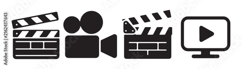 Cuadro en lienzo Clapperboard, vintage movie camera, and modern video player icon for film production