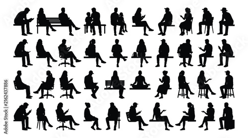 A vector image showcasing a collection of silhouettes of people sitting