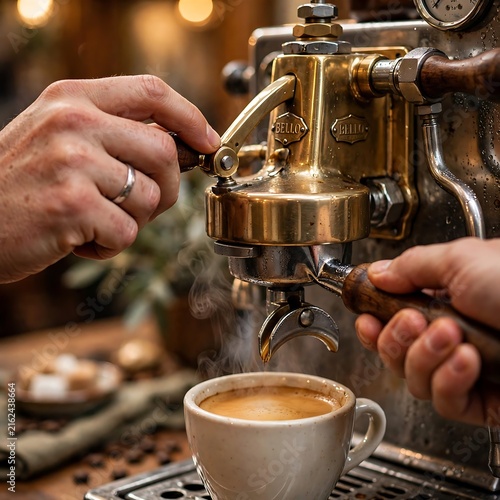 Barista operating brass Bello espresso machine while coffee pours into cup