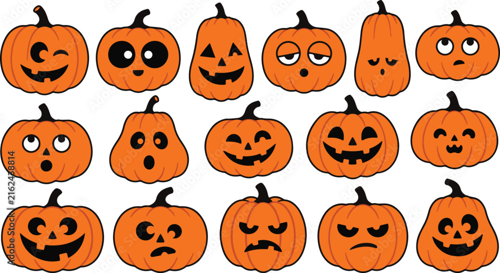 Obraz premium Cute and Spooky Orange Jack O Lantern Pumpkin Faces Halloween Vector Collection