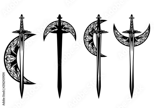fairy tale knight sword blade and stylized moon crescent -  black and white vector medieval fantasy heraldic style emblem design set
