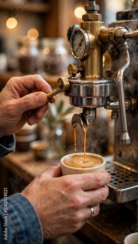 Barista adjusting brass espresso machine lever while coffee pours into cup
