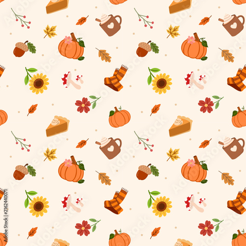 Cute Cozy Autumn Seamless Pattern with Pumpkins, Coffee, Pie, Mushrooms and Fall Leaves