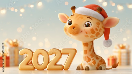 Cute spotted deer in a Santa hat beside New Year numbers, playful winter holiday portrait, cheerful animal greeting, Christmas card, Christmas, New Year.