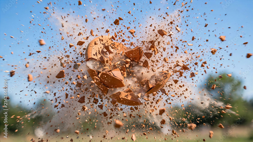 Fototapeta premium High speed photo of clay shooting target skeet shattering into dust particles in mid air on blue sky background