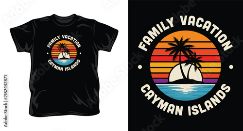 Family vacation cayman islands t-shirt design with palm trees, ocean, sun, and retro sunset.