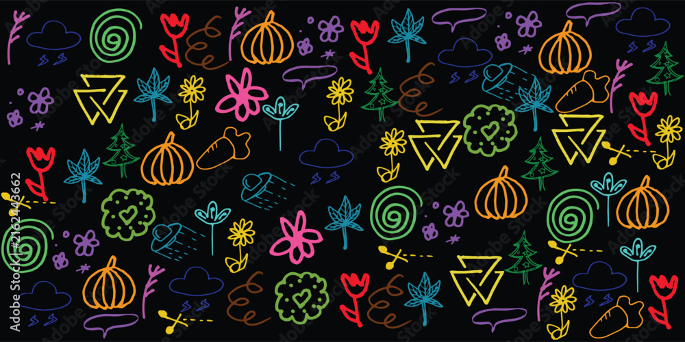 Naklejka premium Hand drawn abstract doodle elements with colorful spiral, cloud, breeze, splash and playful organic shapes for creative design
