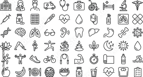 Medical healthcare fitness wellness icon set doctor ambulance syringe yoga running healthy food scale vector line art collection.