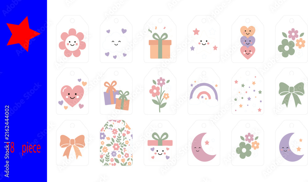 Fototapeta premium Cute Kawaii Gift Tags Set with Smiling Flower Moon and Hearts 18 Piece
