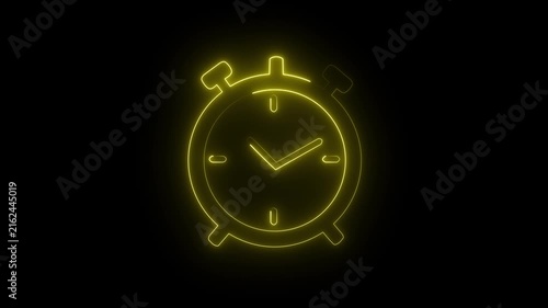 Glowing yellow neon alarm clock icon timer watch deadline symbol dark background.