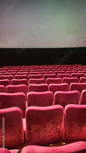 Rows of Empty Cinema Seats. A slightly grainy photo showing the view from behind red velvet seats facing a large, empty screen in a dark movie theater. 