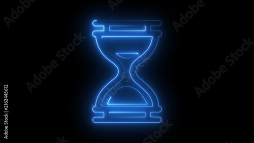 Glowing blue neon hourglass icon sand timer watch deadline symbol dark background.