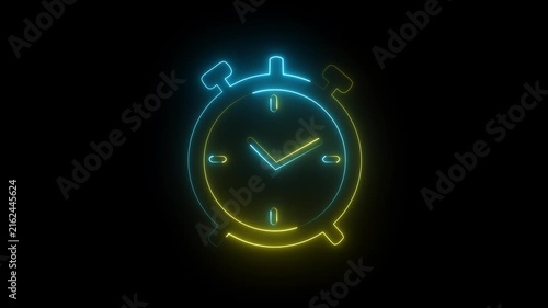 Glowing yellow blue neon alarm clock icon timer watch deadline symbol dark background.