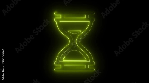 Glowing yellow neon hourglass icon sand timer watch deadline symbol dark background.