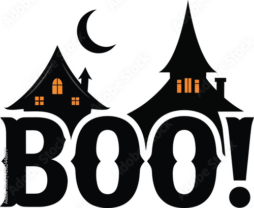 A festive Halloween graphic featuring a spooky haunted house silhouette integrated with bold text reading BOO against a crescent moon background