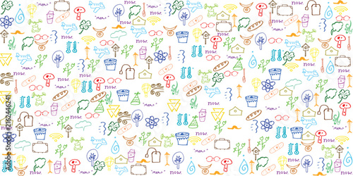 Colorful hand drawn travel doodle seamless pattern with luggage airplane camping and vacation elements