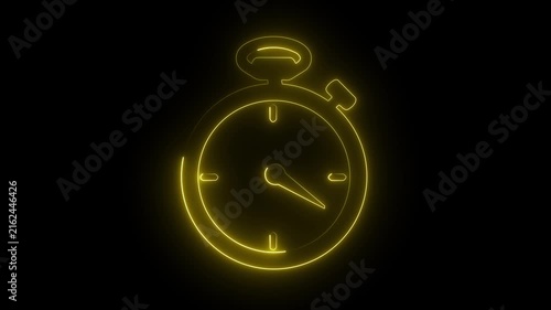 Glowing yellow neon stopwatch icon speed timer clock deadline symbol dark background.