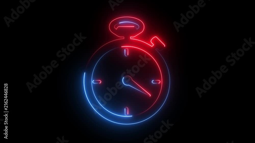 Glowing red blue neon stopwatch icon speed timer clock deadline symbol dark background.