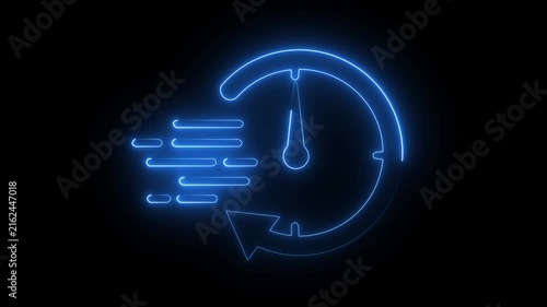 Glowing blue neon speedometer fast delivery icon quick service symbol dark background.