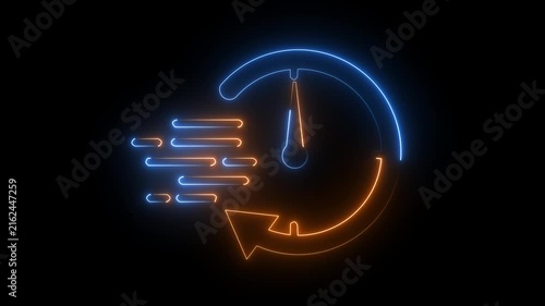 Glowing orange blue neon speedometer fast delivery icon speed symbol dark background.
