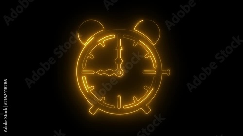 Glowing yellow neon alarm clock icon timer watch deadline symbol dark background.