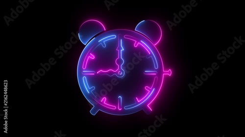 Glowing magenta blue neon alarm clock icon timer watch deadline symbol dark background