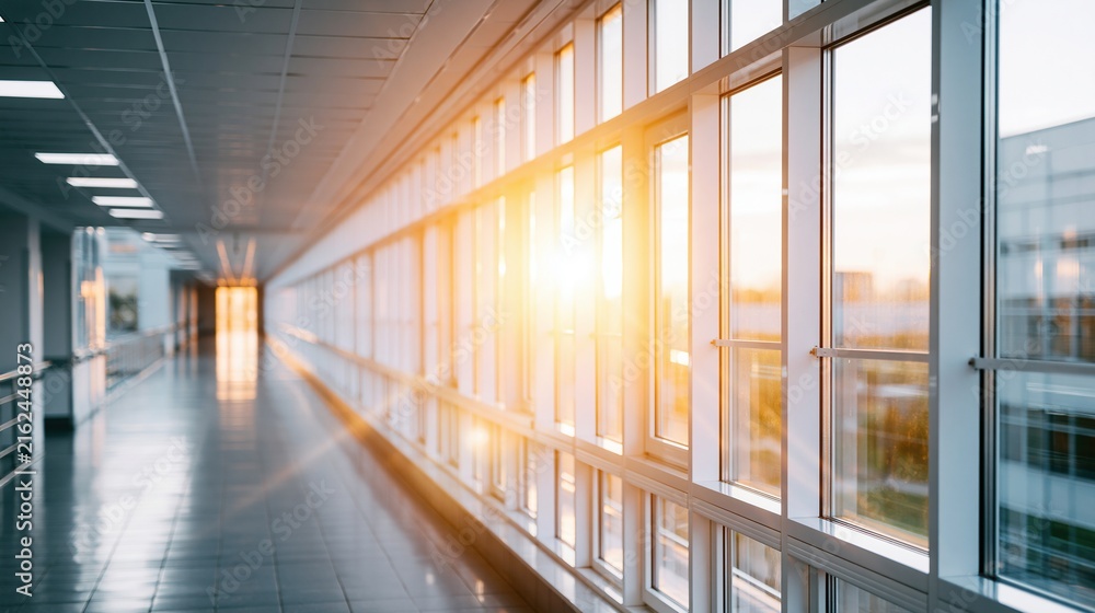 Obraz premium Modern office building corridor with large windows and bright sunlight streaming in