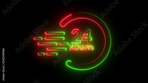 Glowing red green neon 24 hours fast delivery service icon speed symbol dark background.