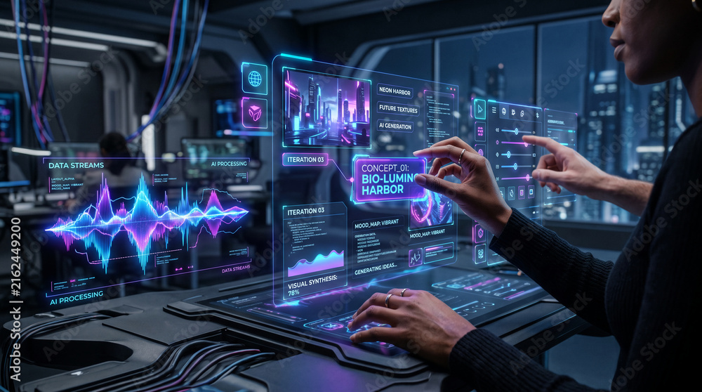 Fototapeta premium Futuristic interface displaying AI data streams and urban concept art, showcasing advanced technology and creative visualization.